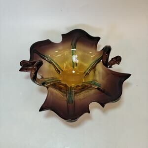 Vintage Murano Art Glass Bowl Amber Purple Green Cased Freeform Hand Blown